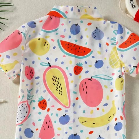 Beast4you Tropical Coconut Tree & Fruits Designer Button Front Shirt For Boy.