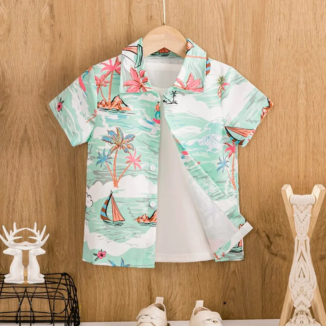 Beast4you Boy's Sailboat Tree Designer Button Front Shirt For Boy.