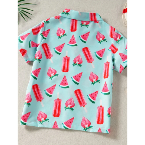 Beast4you Toddler Boys Strawberry And Watermelon print Graphic & Button Front Shirt For Boy.