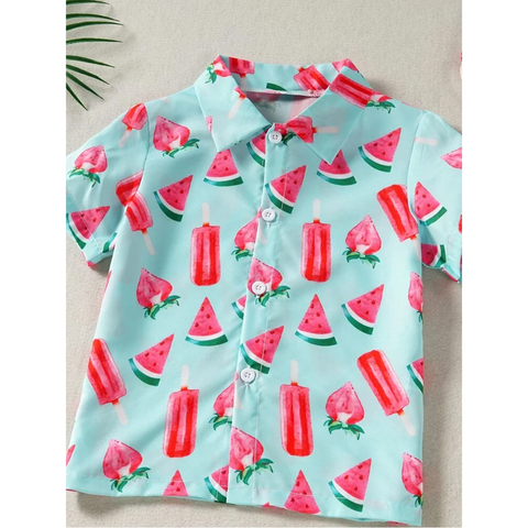 Beast4you Toddler Boys Strawberry And Watermelon print Graphic & Button Front Shirt For Boy.