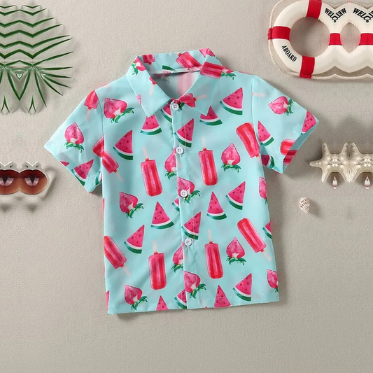 Beast4you Toddler Boys Strawberry And Watermelon print Graphic & Button Front Shirt For Boy.