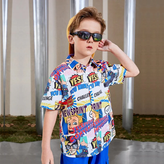 Beast4you Toddler Boys Pop Art print Graphic & Button Front Shirt For Boy.