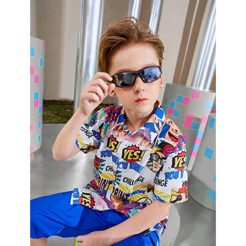 Beast4you Toddler Boys Pop Art print Graphic & Button Front Shirt For Boy.