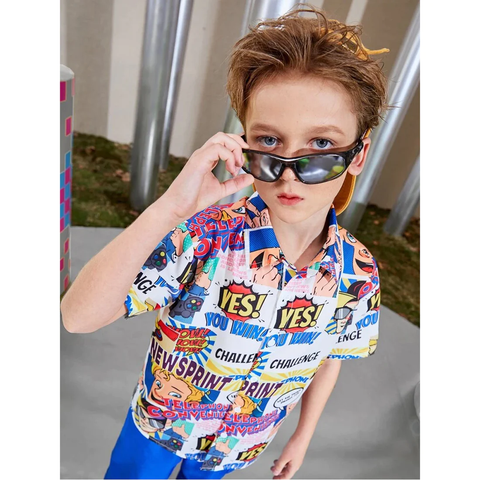 Beast4you Toddler Boys Pop Art print Graphic & Button Front Shirt For Boy.