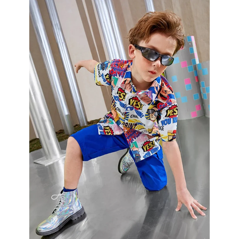 Beast4you Toddler Boys Pop Art print Graphic & Button Front Shirt For Boy.