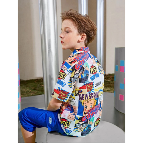 Beast4you Toddler Boys Pop Art print Graphic & Button Front Shirt For Boy.