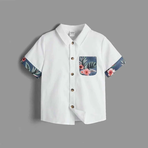 Beast4you Toddler Boys White Tropical Floral With Patched Pocket Sunshne Designer Print Button Front Shirt For Boys.