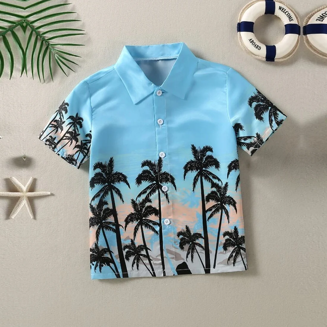 Beast4you Tropical Casual Tree Button Front Beach Short Sleeve Shirt For Boys.