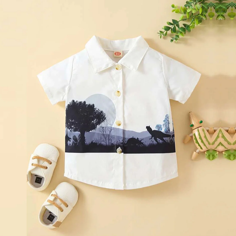 Beast4you Outdoor Worldwide Casual Tree Gradient Dinosaur Short Sleeve Shirt For Boys.