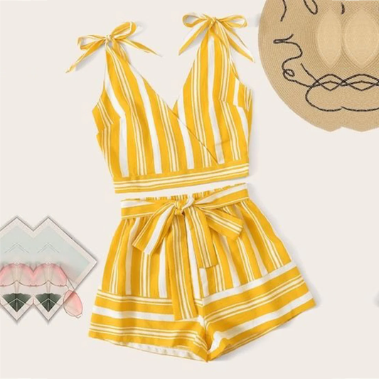 Beast4you Crop Stylish Yellow Lining Top Sleeveless And Shorts For Baby Girls.