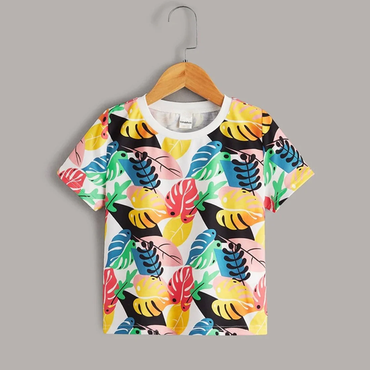 Beast4you Toddler Boy's Tropical Print Neck Color Block T-Shirt For Boy's & Girl's..