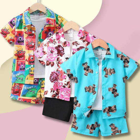 Beast4you Baby Set Floral & Bear and Cartoon Graphic (Combo Pack Of 3) Casual Printed Shirt & Shorts Without tee Two Piece Set For Boy & Girls.