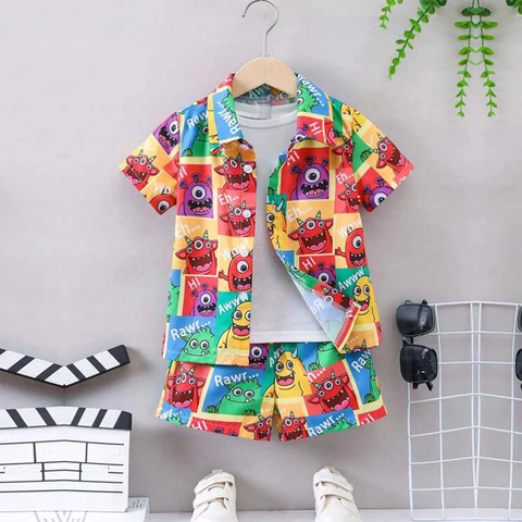 Beast4you Kids Cartoon Graphic Casual Shirt & Shorts Without tee Two Piece Set.