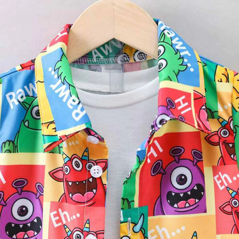 Beast4you Kids Cartoon Graphic Casual Shirt & Shorts Without tee Two Piece Set.