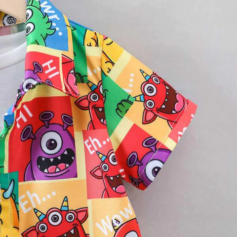 Beast4you Kids Cartoon Graphic Casual Shirt & Shorts Without tee Two Piece Set.