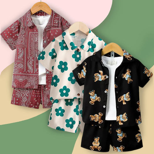 Beast4you Baby Set Floral & Dinosaur and Apricot-Colored (Combo Pack Of 3) Casual Printed Shirt & Shorts Without tee Two Piece Set For Boy & Girls.