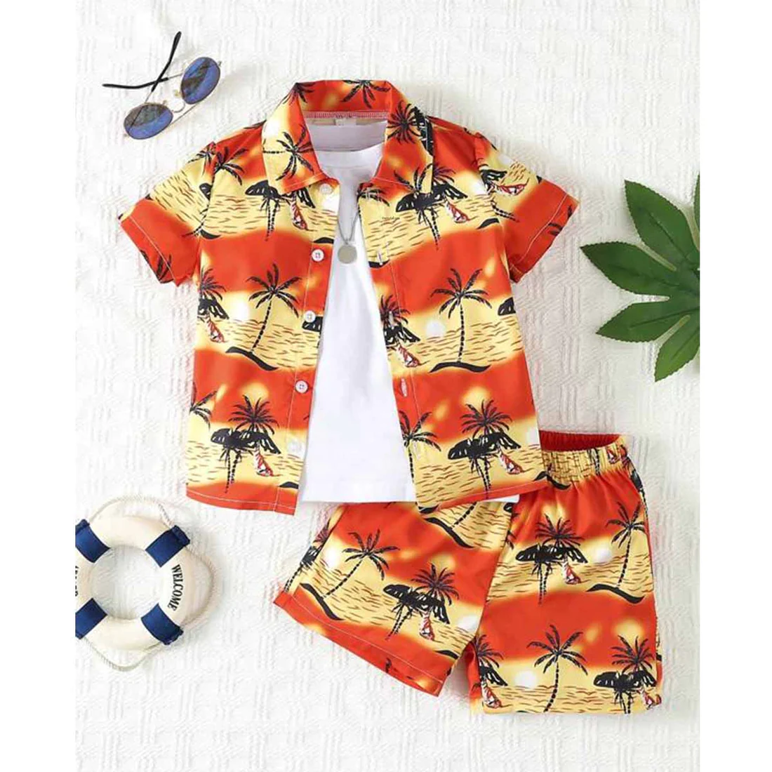 Beast4you Kids Sunshine Tropical Print Shirt & Shorts Without tee Two Piece Set.