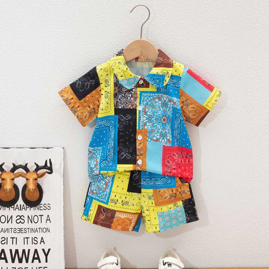 Beast4you Toddler Boys Sunshine Patchwork Shirt & Shorts Without tee Two Piece Set.