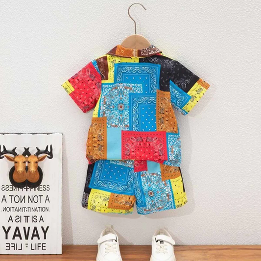 Beast4you Toddler Boys Sunshine Patchwork Shirt & Shorts Without tee Two Piece Set.