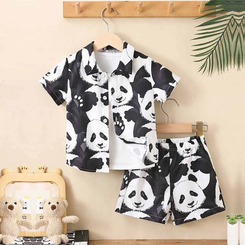 Beast4you Kids Black & White Cartoon Panda Print Turn Down Collar Shirt & Shorts Without tee Two Piece Set.