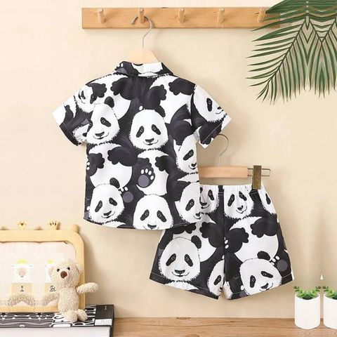 Beast4you Kids Black & White Cartoon Panda Print Turn Down Collar Shirt & Shorts Without tee Two Piece Set.