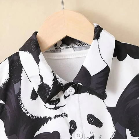 Beast4you Kids Black & White Cartoon Panda Print Turn Down Collar Shirt & Shorts Without tee Two Piece Set.