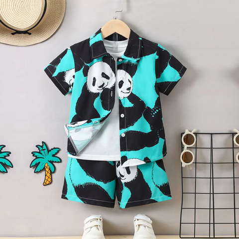 Beast4you Kids Cartoon Panda Print Turn Down Collar Shirt & Shorts Without tee Two Piece Set.