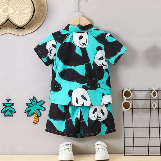 Beast4you Kids Cartoon Panda Print Turn Down Collar Shirt & Shorts Without tee Two Piece Set.