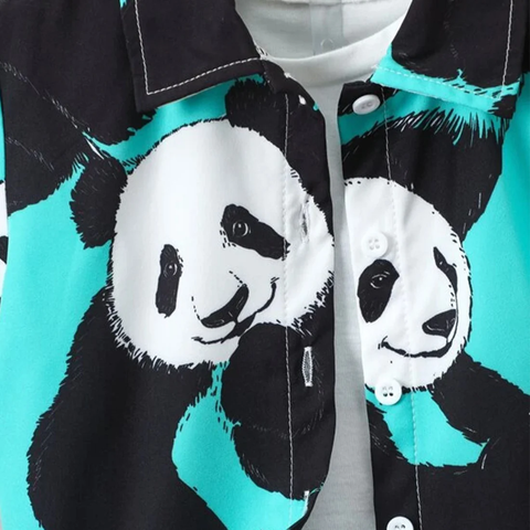 Beast4you Kids Cartoon Panda Print Turn Down Collar Shirt & Shorts Without tee Two Piece Set.