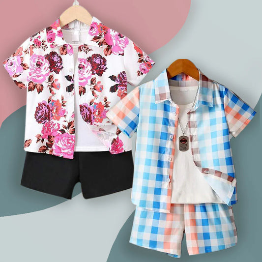 Beast4you Baby Set Florals & Sunshine Plaid Turn Down Collar (Combo Pack Of 2) Shirt & Shorts Without tee Two Piece Set For Boy & Girls.