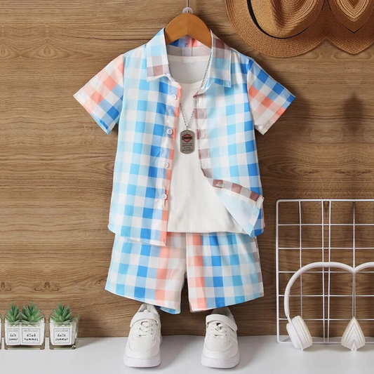 Beast4you Kids Sunshine Plaid Turn Down Collar Shirt & Shorts Without tee Two Piece Set.