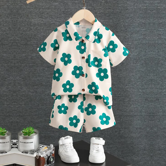 Beast4you kids Sunshine Young Boy Casual Flower Short Sleeve Button Down Shirt & Shorts Without tee Two Piece Set.