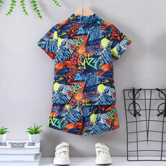 Beast4you Toddler Boys Letters Graphic Allover Shirt & Shorts Without tee Two Piece Set.