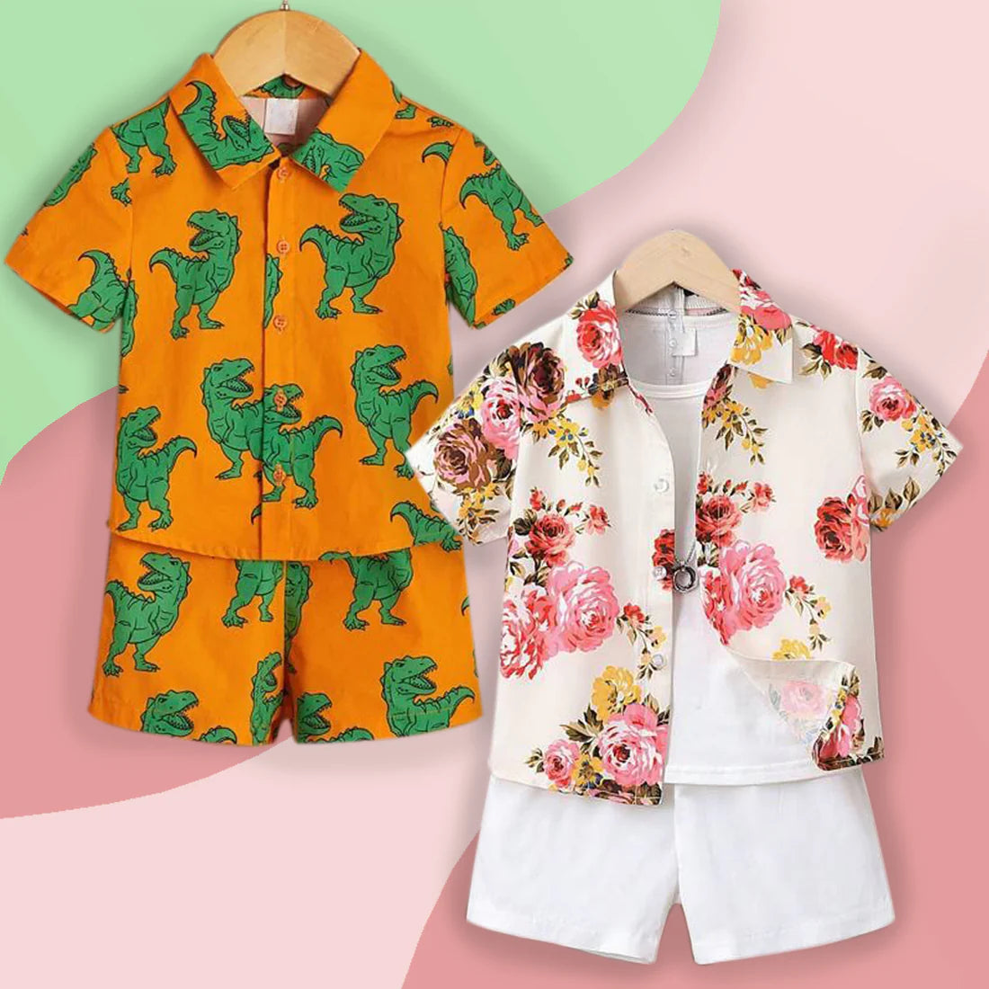 Beast4you  Baby Set Floral & Dinosaur (Combo Pack Of 2) Shirt & Shorts Without tee Two Piece Set For Boy & Girls.