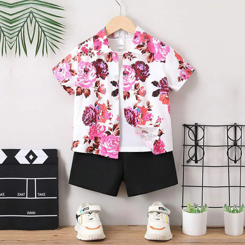 Beast4you Kids Floral Print Turn Down Collar Shirt & Shorts Without tee Two Piece Set.