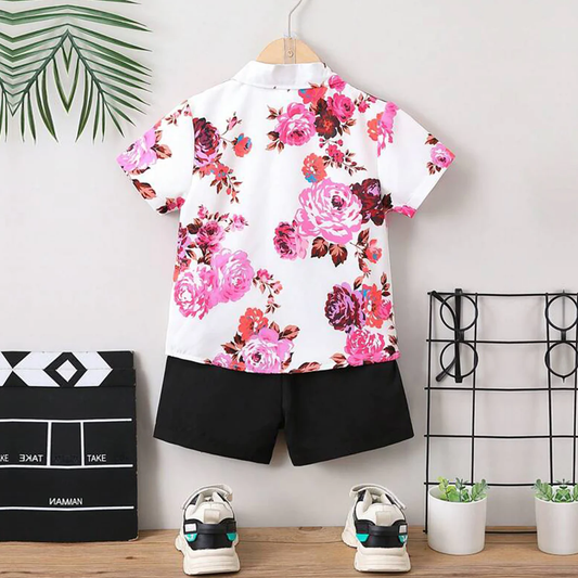 Beast4you Kids Floral Print Turn Down Collar Shirt & Shorts Without tee Two Piece Set.