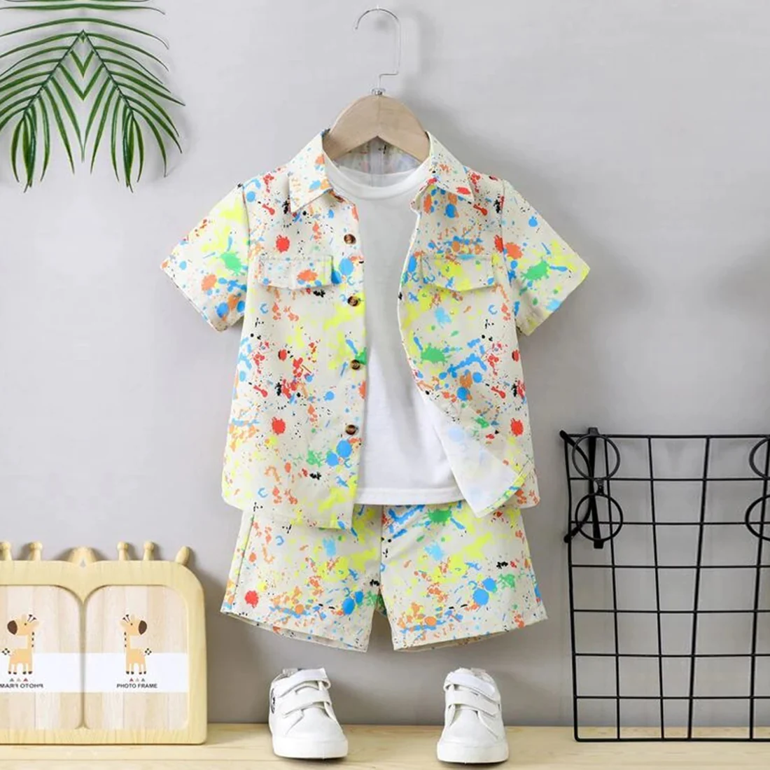 Beast4you Boys Apricot-Colored Casual Printed Shirt & Shorts Without tee Two Piece Set.