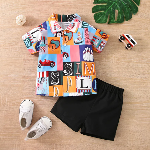 Beast4you Kids Casual Letters Shirt & Shorts Without tee Two Piece Set.