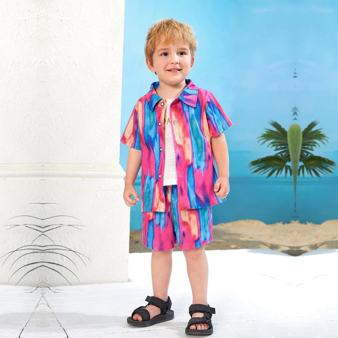 Beast4you Kids 1pc Tie Dye Turn Down Collar Shirt & Shorts Without tee Two Piece Set.