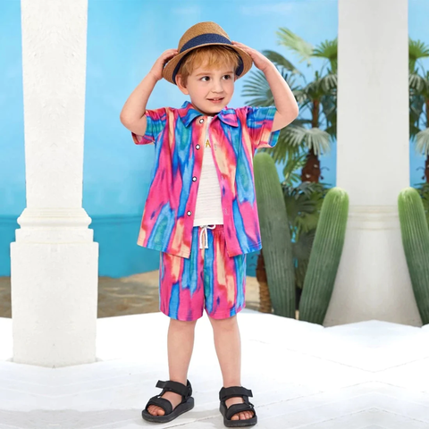 Beast4you Kids 1pc Tie Dye Turn Down Collar Shirt & Shorts Without tee Two Piece Set.