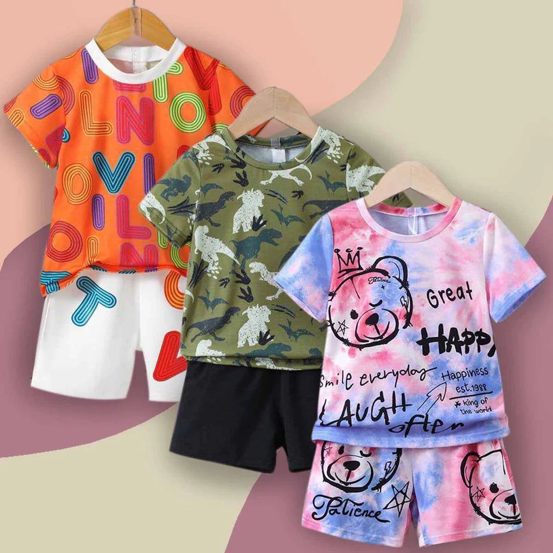 Beast4you  Stylish Baby Set Letters Casual & Hypmev Tie Dye Bear_Dinosaur Two Piece Set (Combo Pack Of 3) T-Shirt & Shorts For Boys