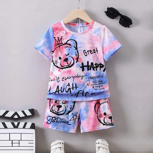 Beast4you Kids HYPME Tie Dye Bear & letters Graphic Casual T-Shirt & Shorts Two Piece Set For Boys.