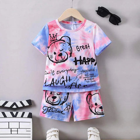 Beast4you  Stylish Baby Set Letters Casual & Hypmev Tie Dye Bear_Dinosaur Two Piece Set (Combo Pack Of 3) T-Shirt & Shorts For Boys