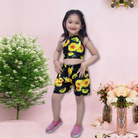 Beast4you BabyGirl's Stylish Yellow Sun_Flower Design Top & Shorts For Kids.