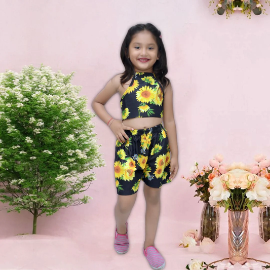 Beast4you BabyGirl's Stylish Yellow Sun_Flower Design Top & Shorts For Kids.