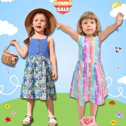 Beast4you Baby Girl's Stylish Designer Rainbow & Floral's Tunic Dresses (Combo Pack Of 2) for Baby Girl..