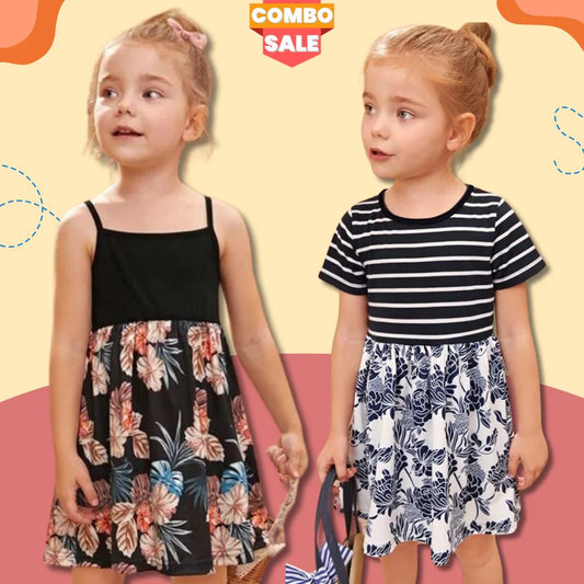 Beast4you Kid's Stylish Designer Black Stripe Floral Tunic Dresses (Combo Pack Of 2) For Baby Girl.