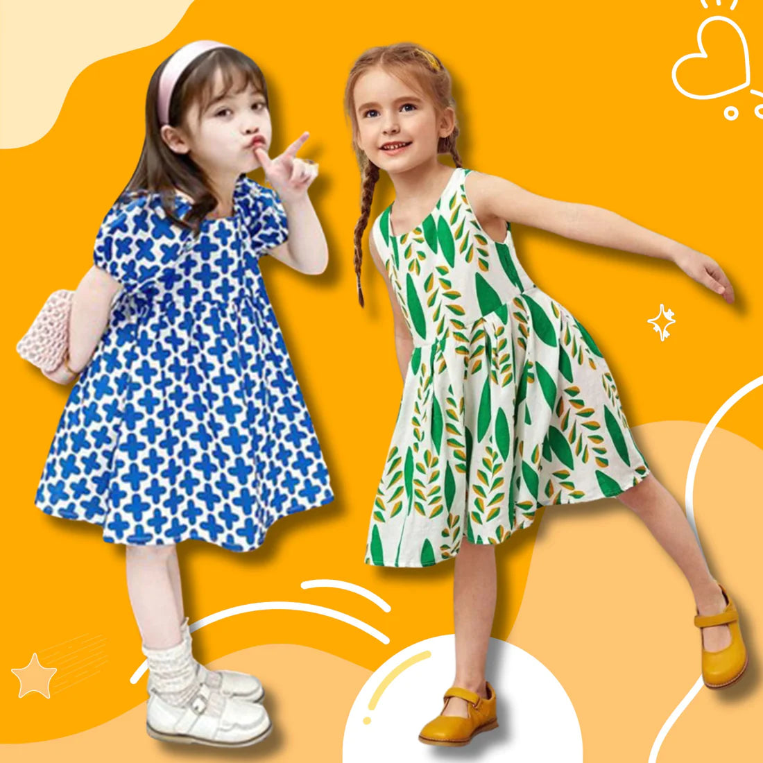 Beast4you Princess Stylish BabyGirl's Blue Plus & Green Floral Designer Tunic Dresses_Frockes Combo for Kids.