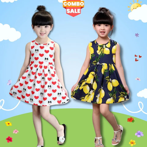 Beast4you Baby Girl's Stylish Designer Barbie Heart & Blue Lemon Tunic Dresses (Combo Pack Of 2) for Baby Girl.