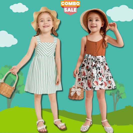 Beast4you Baby Girl's Stylish Designer Light Green Striped & Floral Tunic Dresses (Combo Pack Of 2) for Baby Girl.